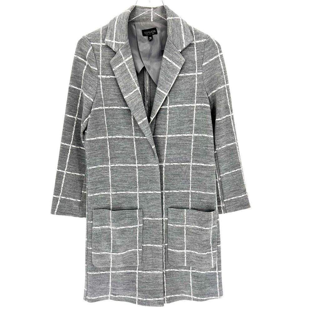 Topshop Gray Long Knit Blazer Jacket Windowpane‎ Check Patch Pockets Size 4